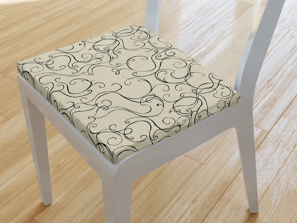 Kwadratowa poduszka na krzesło 38x38 cm Loneta - czarne ornamenty na naturalnym