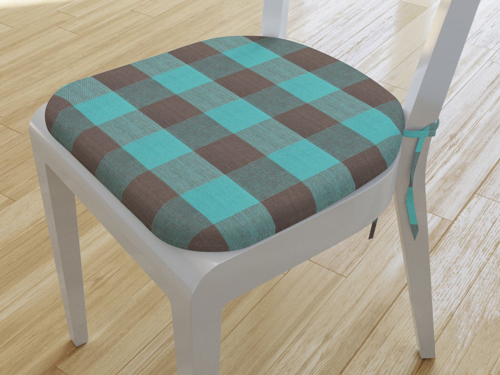 Zaokrąglona poduszka na krzesło 39x37 cm Kanafas - duża kratka turkusowo-brązowa