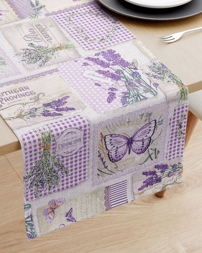 Bieżnik na stół z płótna bawełnianego - patchwork lawendy z motylami