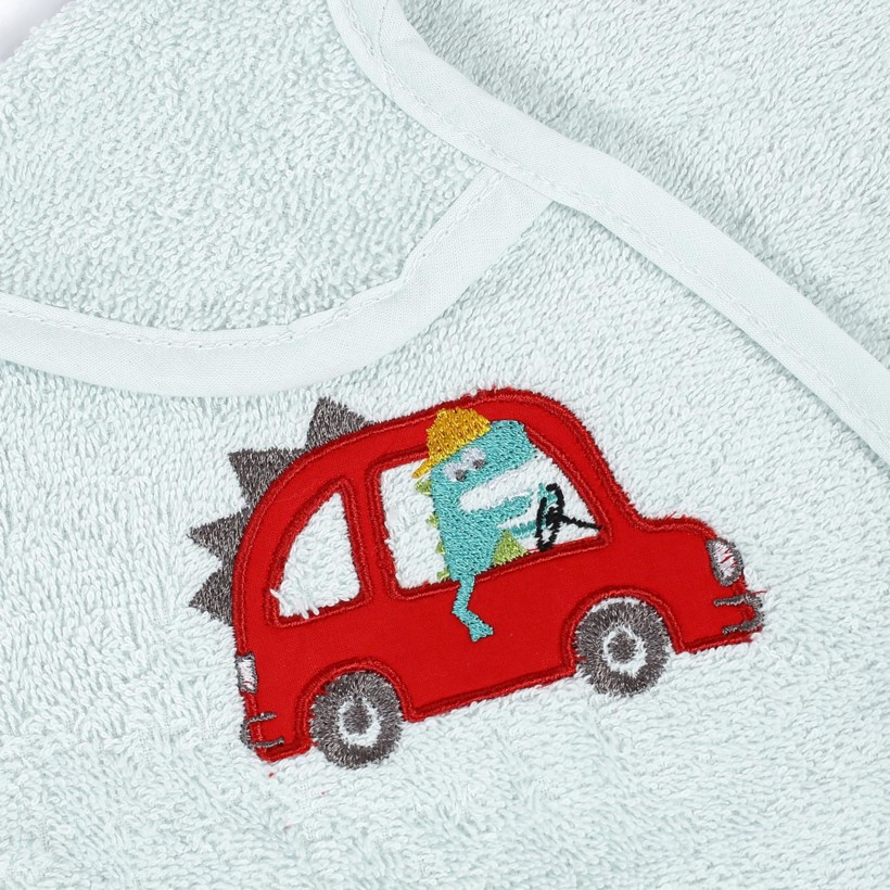 Śliniak bawełniany frotte Lili jasnoniebieski - dinozaur w samochodzie