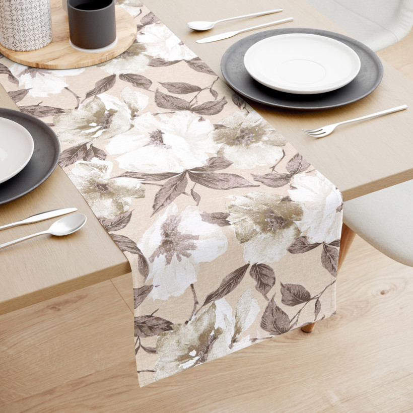 Bieżnik na stół Loneta - białe i brązowe kwiaty z liśćmi