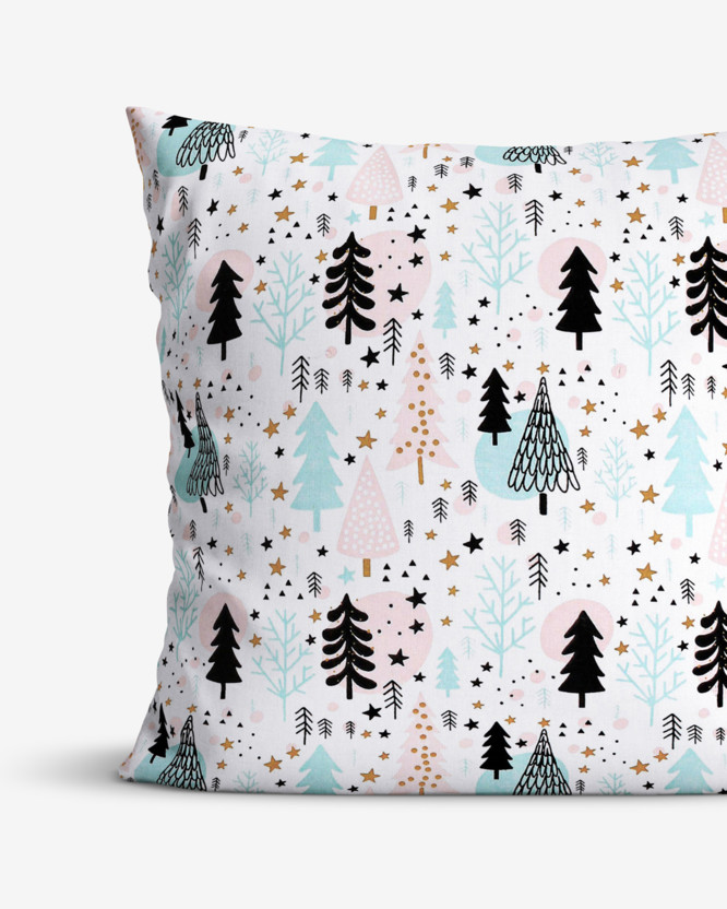 Poszewka na poduszkę bawełniana świąteczna - kolorowe choinki z gwiazdkami na białym