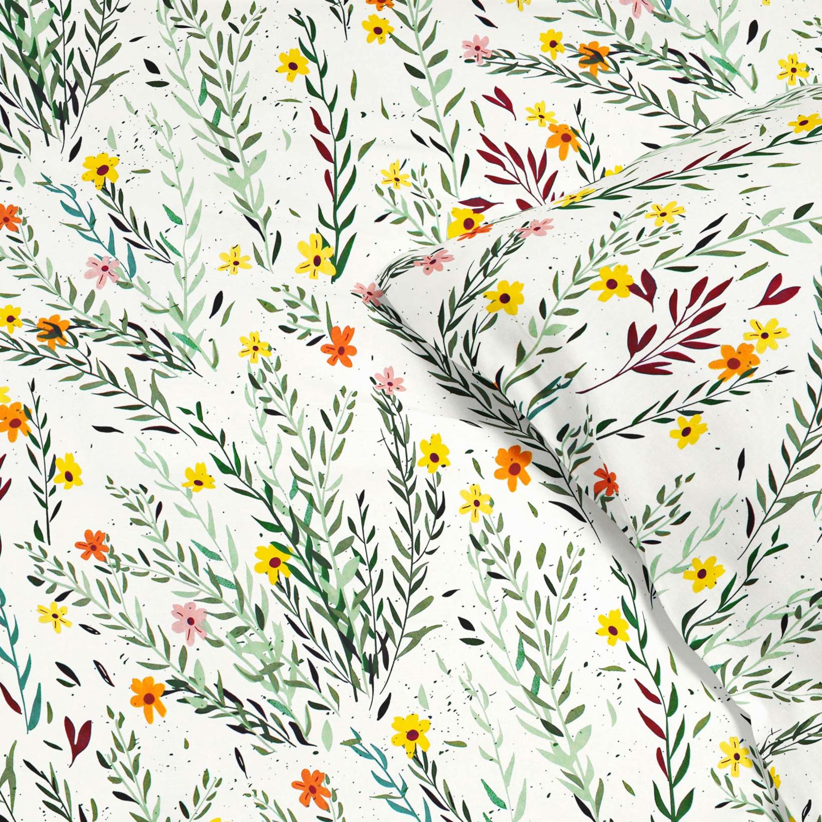 Pościel bawełniana - malowane kwiaty z liśćmi