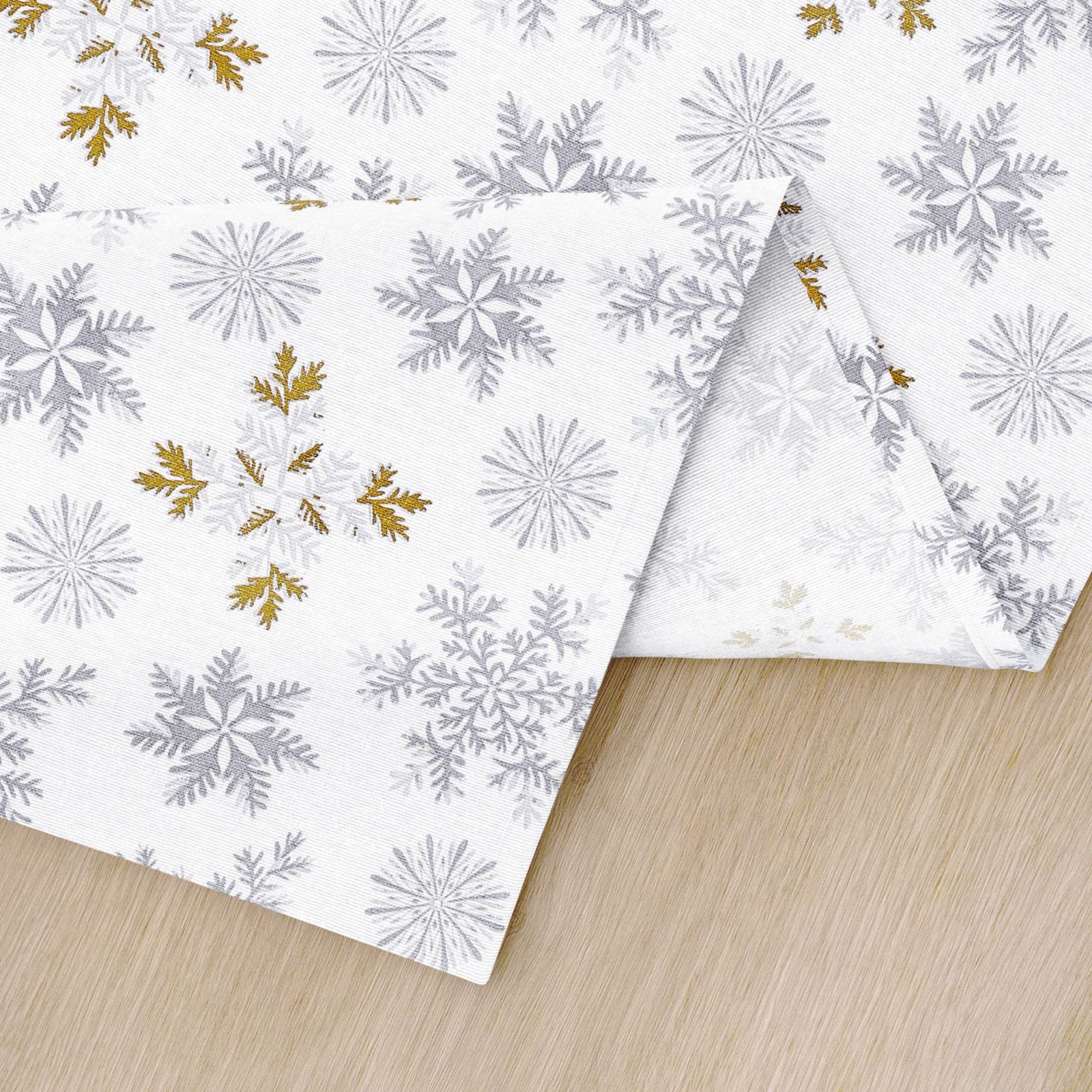 Podkładka na stół bawełniana świąteczna - szare płatki śniegu ze złotym brokatem na białym - 2szt.
