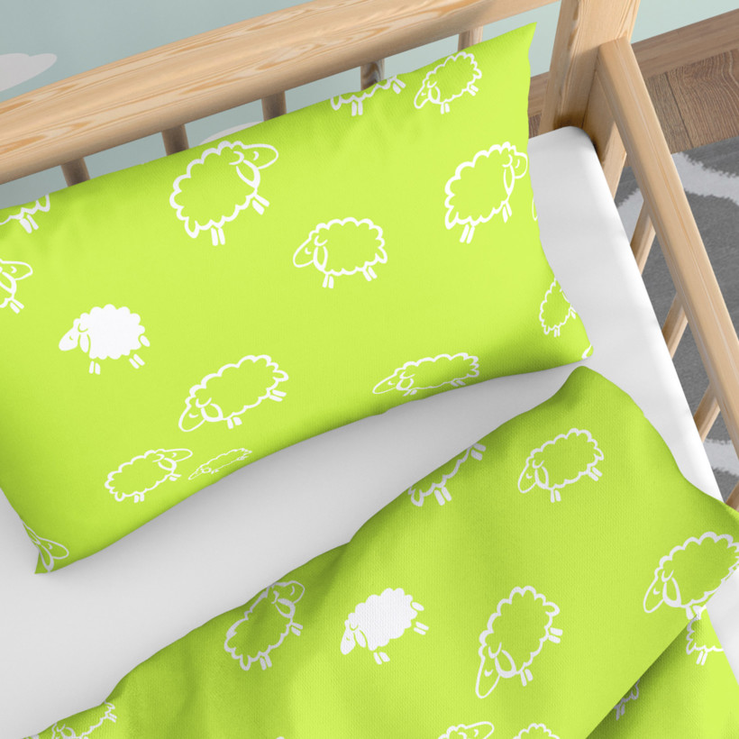 Pościel bawełniana do łóżeczka - białe owieczki na jasno zielonym