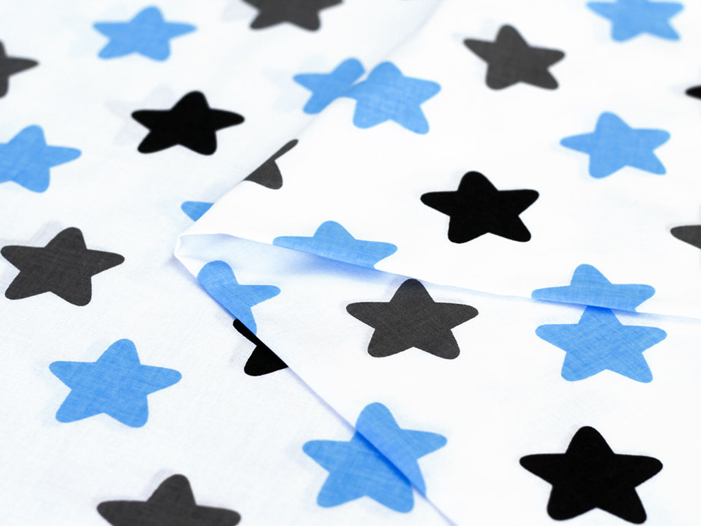 Płótno bawełniane - niebieskie i czarne gwiazdy na białym