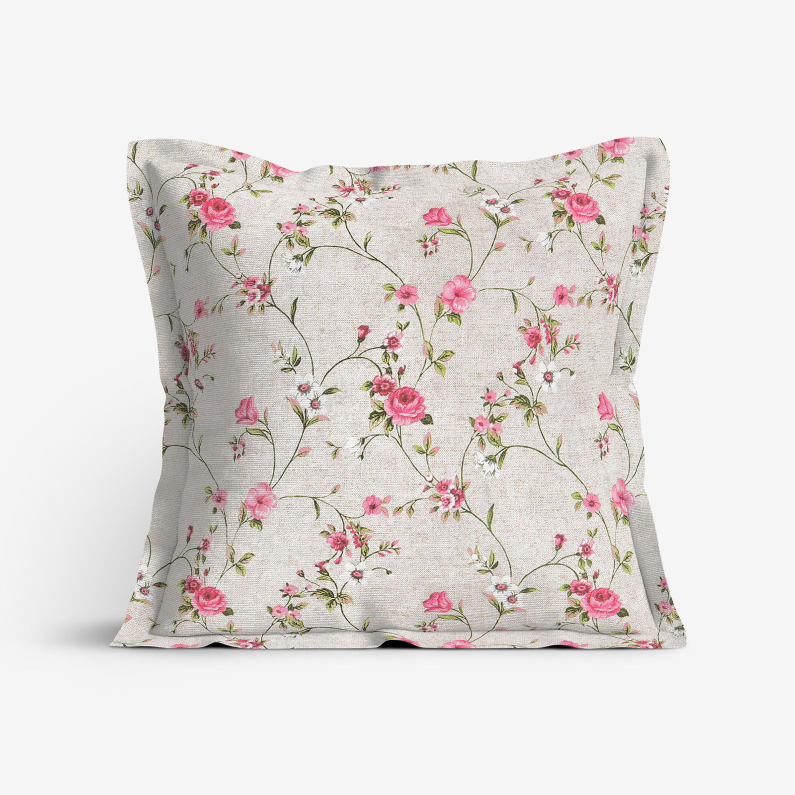 Poszewka na poduszkę z ozdobną kantą dekoracyjna Loneta - pnące róże na naturalnym