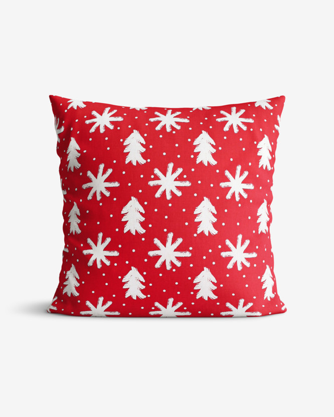 Poszewka na poduszkę bawełniana - śnieżynki i choinki na czerwonym