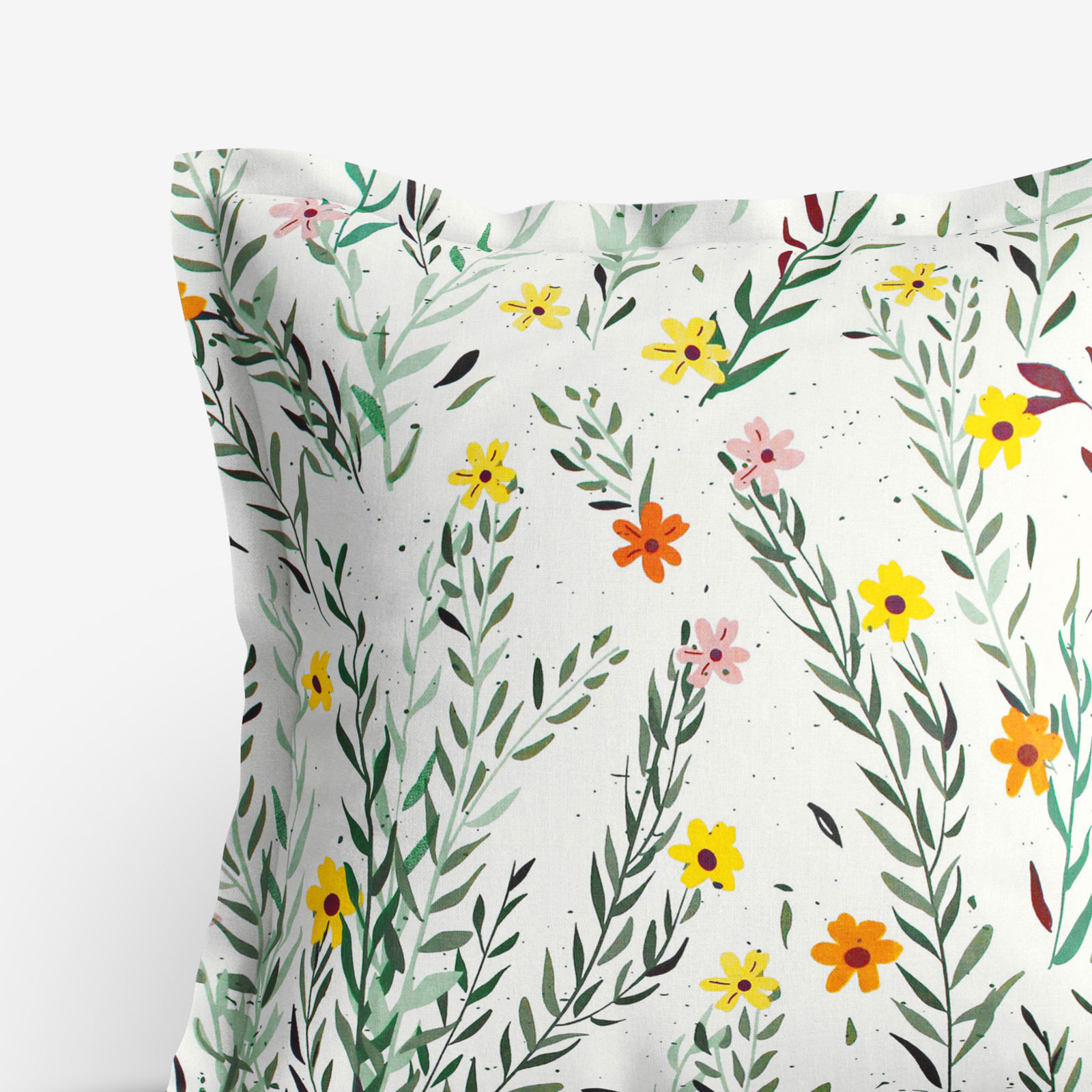 Poszewka na poduszkę z ozdobną kantą bawełniana - malowane kwiaty z liśćmi