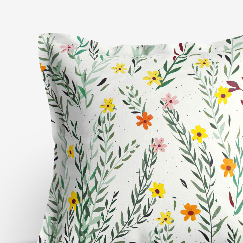 Poszewka na poduszkę z ozdobną kantą bawełniana - malowane kwiaty z liśćmi