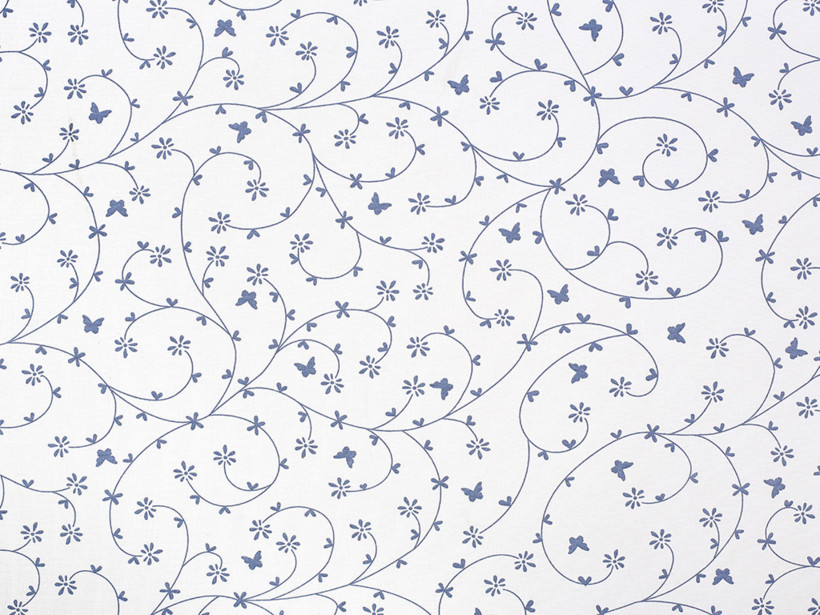Płótno bawełniane - niebieskoszare kwiatki i motyle na białym
