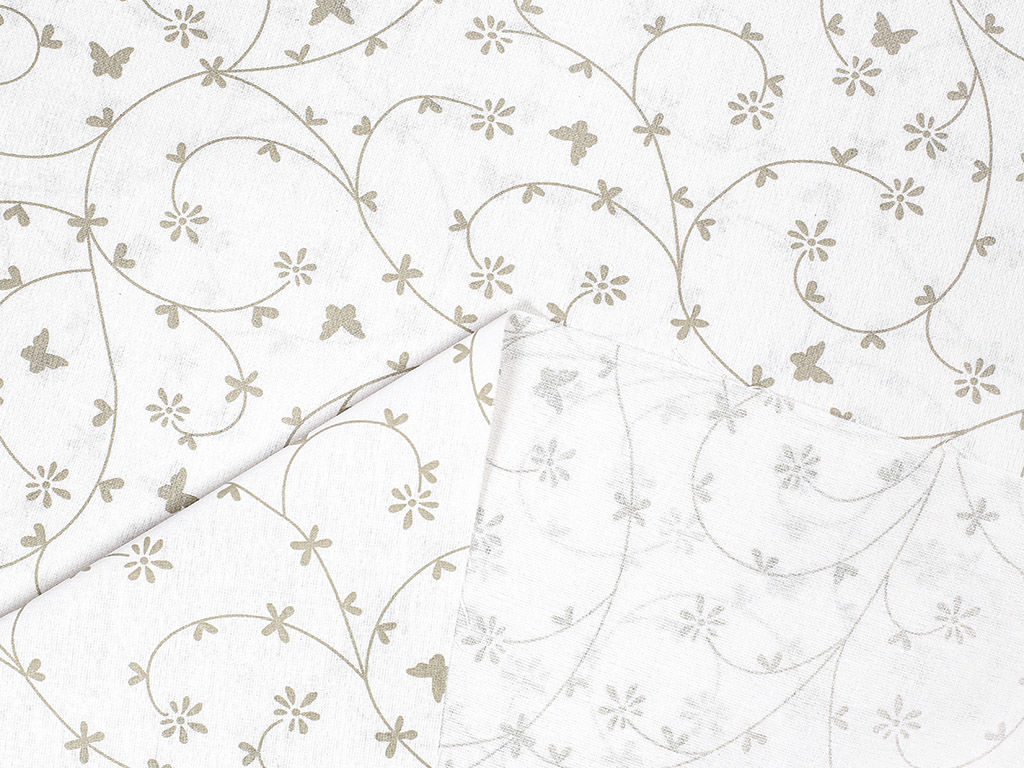 Płótno bawełniane - złote beżowe kwiatki i motylki na białym