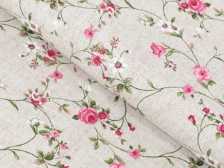 Tkanina dekoracyjna Loneta - pnące róże na naturalnym - szer. 140 cm