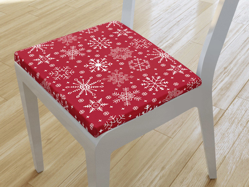 Kwadratowa poduszka na krzesło 38x38 cm - płatki śniegu na czerwonym