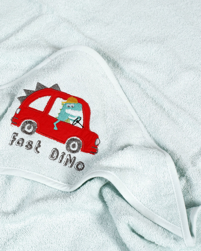 Ręcznik dziecięcy z kapturem LILI 100x100 cm jasnoniebieski - dinozaur w samochodzie
