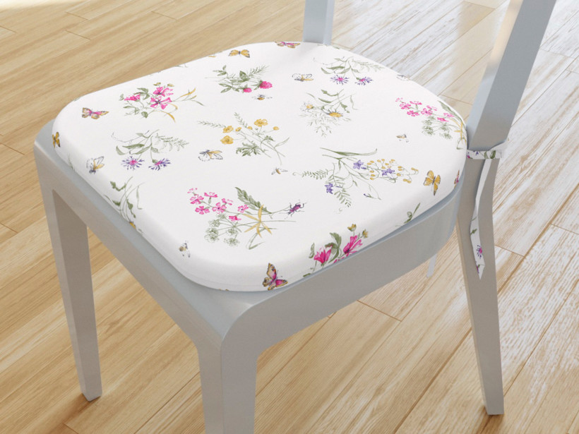 Zaokrąglona poduszka na krzesło 39x37 cm - kolorowe polne kwiaty na białym