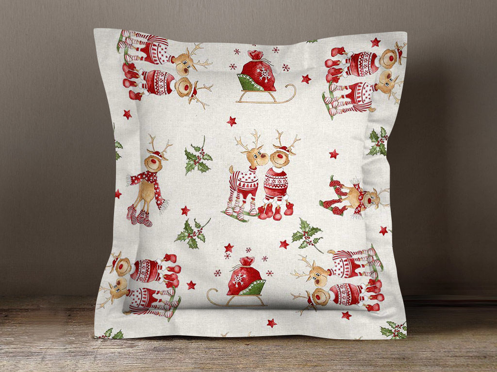 Poszewka na poduszkę z ozdobną kantą dekoracyjna świąteczna Loneta - wesołe renifery