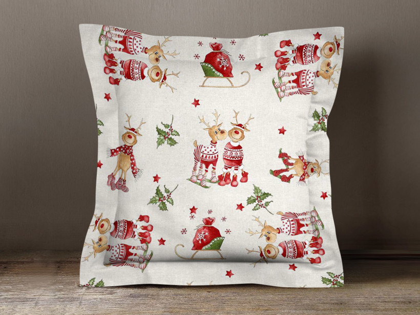 Poszewka na poduszkę z ozdobną kantą dekoracyjna świąteczna Loneta - wesołe renifery