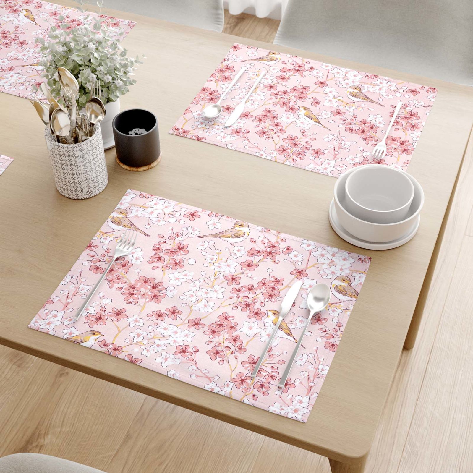 Podkładka na stół z płótna bawełnianego - ptaki w różowym ogrodzie - 2szt.