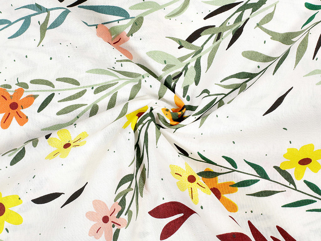 Płótno bawełniane - malowane kwiaty z liśćmi