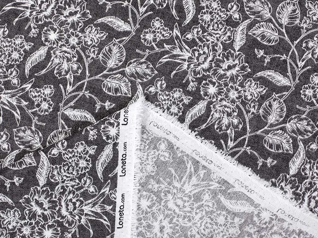 Tkanina dekoracyjna Loneta - kwiatowy raj na antracytowym