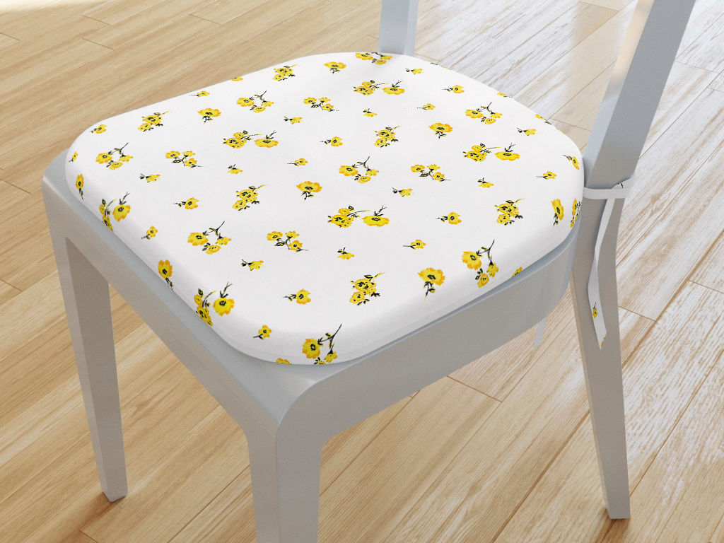 Zaokrąglona poduszka na krzesło 39x37 cm - żółte kwiaty na białym