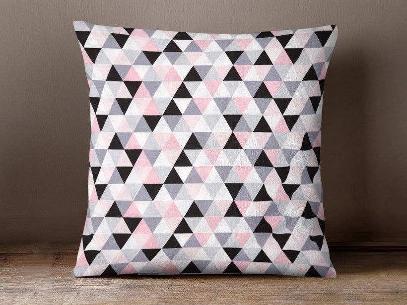 Poszewka na poduszkę bawełniana - różowo-szare trójkąty