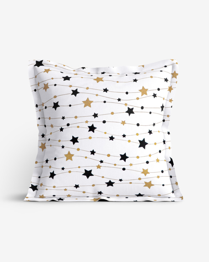 Poszewka na poduszkę z ozdobną kantą bawełniana świąteczna - złote i czarne gwiazdki na białym