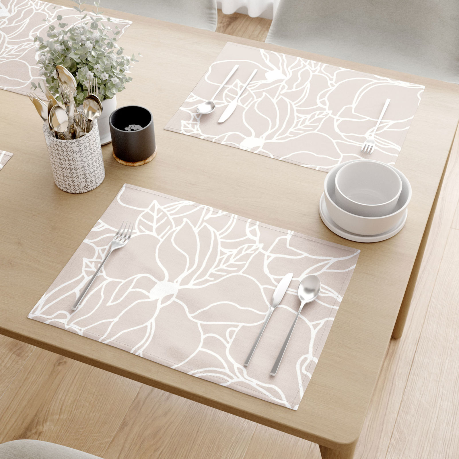 Podkładka na stół z płótna bawełnianego - białe kwiaty na jasnobeżowym - 2szt.