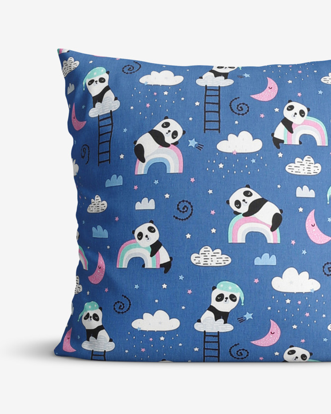 Poszewka na poduszkę bawełniana dla dzieci - pandy z tęczą na niebieskim