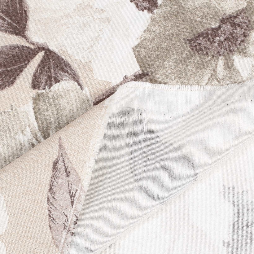 Tkanina dekoracyjna Loneta - białe i brązowe kwiaty z liśćmi