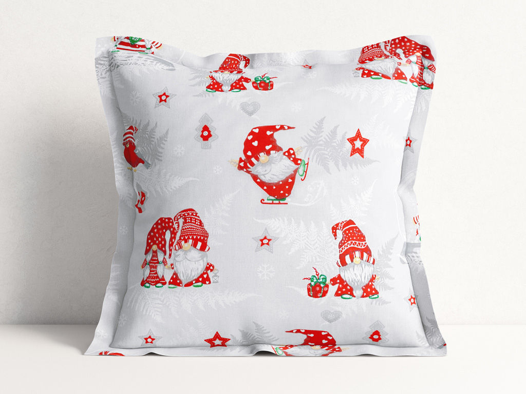 Poszewka na poduszkę z ozdobną kantą bawełniana świąteczna - wesołe czerwone skrzaty na szarym