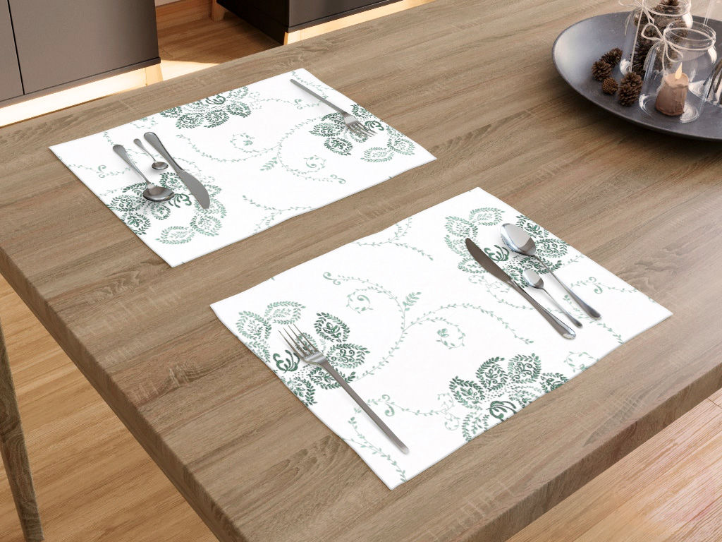 Podkładka na stół z płótna bawełnianego - ciemnozielone ornamenty kwiatowe na białym - 2szt.