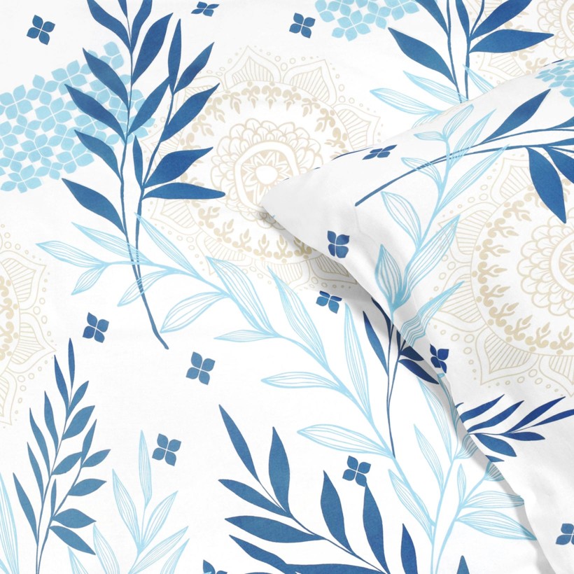 Pościel satyna bawełniana Deluxe - mandale z niebieskimi liśćmi