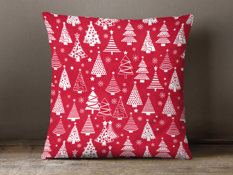 Poszewka na poduszkę bawełniana świąteczna - choinki na czerwonym