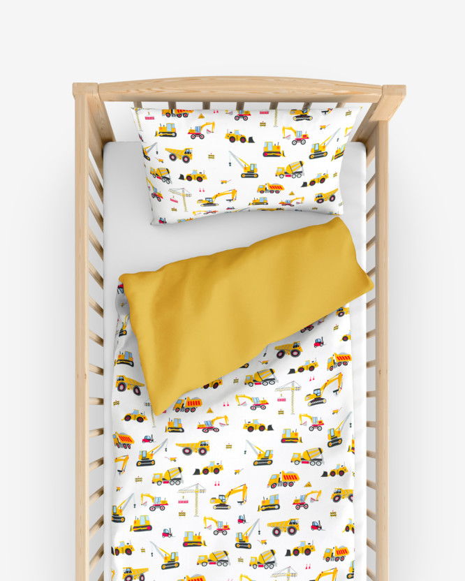 Pościel bawełniana do łóżeczka Duet - ciężarówki i koparki z miodowym żółtym