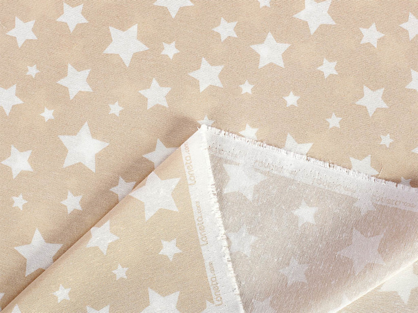 Tkanina dekoracyjna Loneta - białe gwiazdy na beżowym