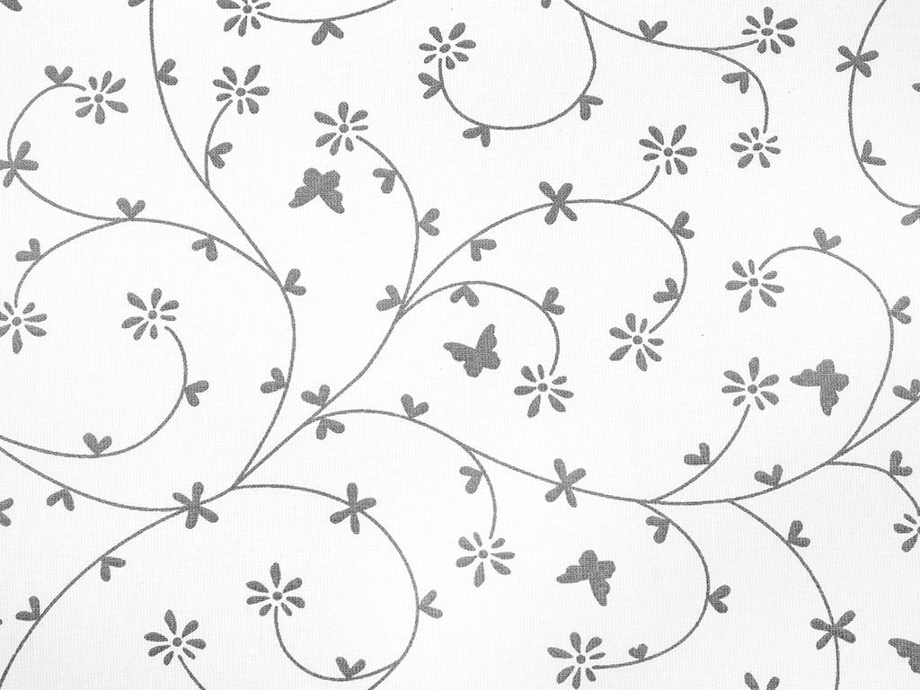 Płótno bawełniane - szare kwiatki i motylki na białym