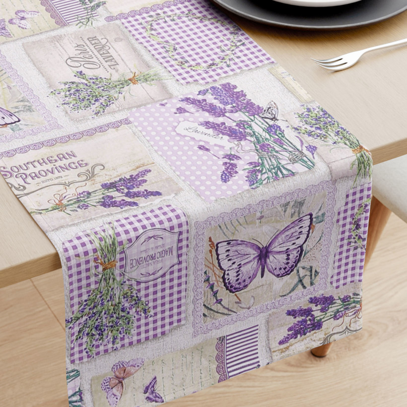 Bieżnik na stół z płótna bawełnianego - patchwork lawendy z motylami