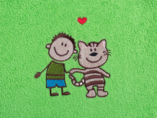 Ręcznik dziecięcy LILI 30x50 cm zielony - wzór chłopiec z kotem