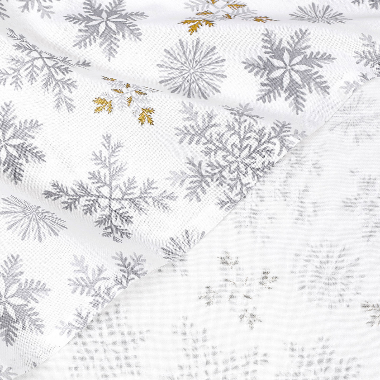 Ścierka kuchenna bawełniana świąteczna - szare płatki śniegu ze złotym brokatem na białym