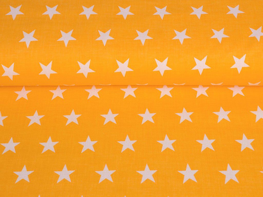 Płótno bawełniane - białe gwiazdki na żółto-pomarańczowym