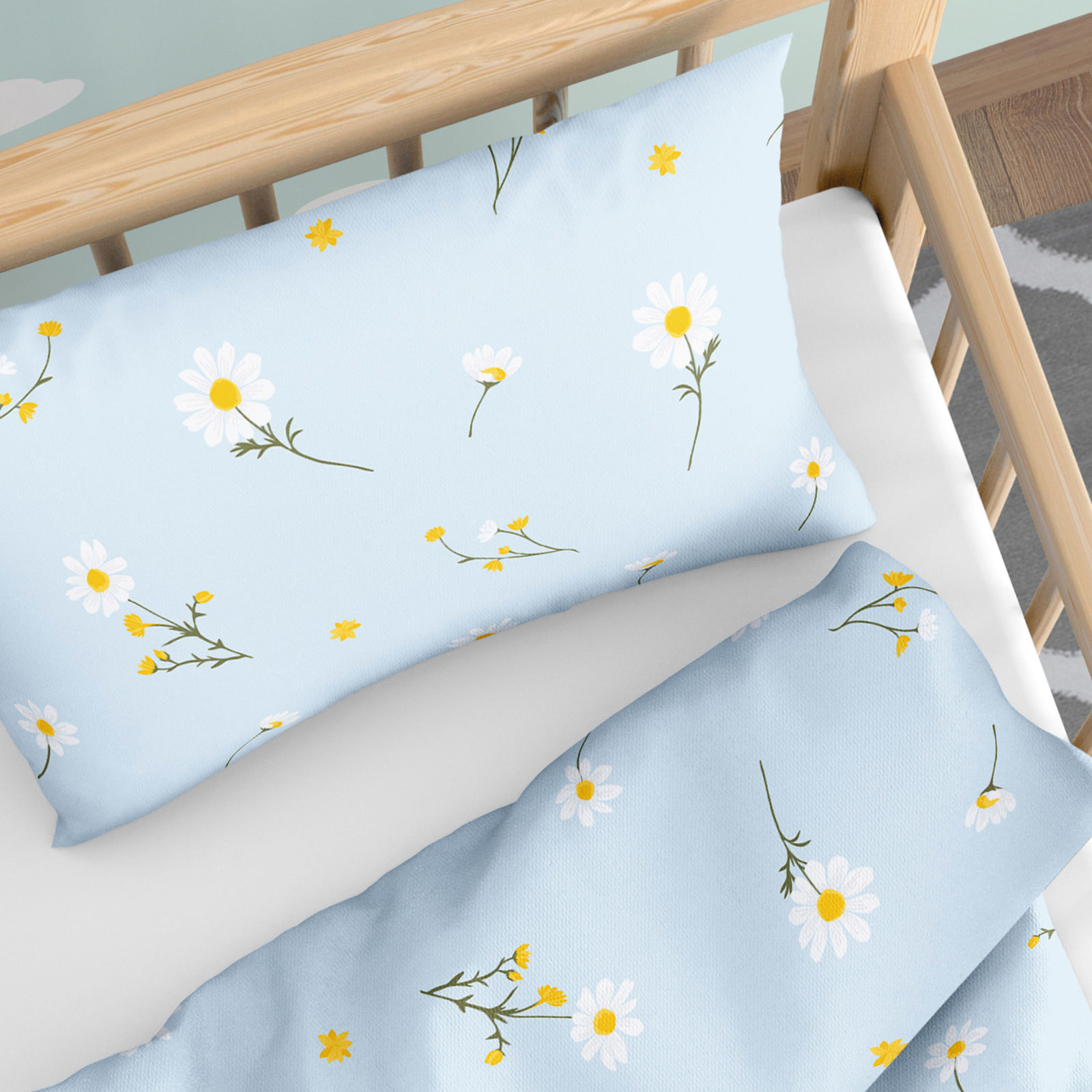 Pościel bawełniana do łóżeczka - rumianek na jasnoniebieskim