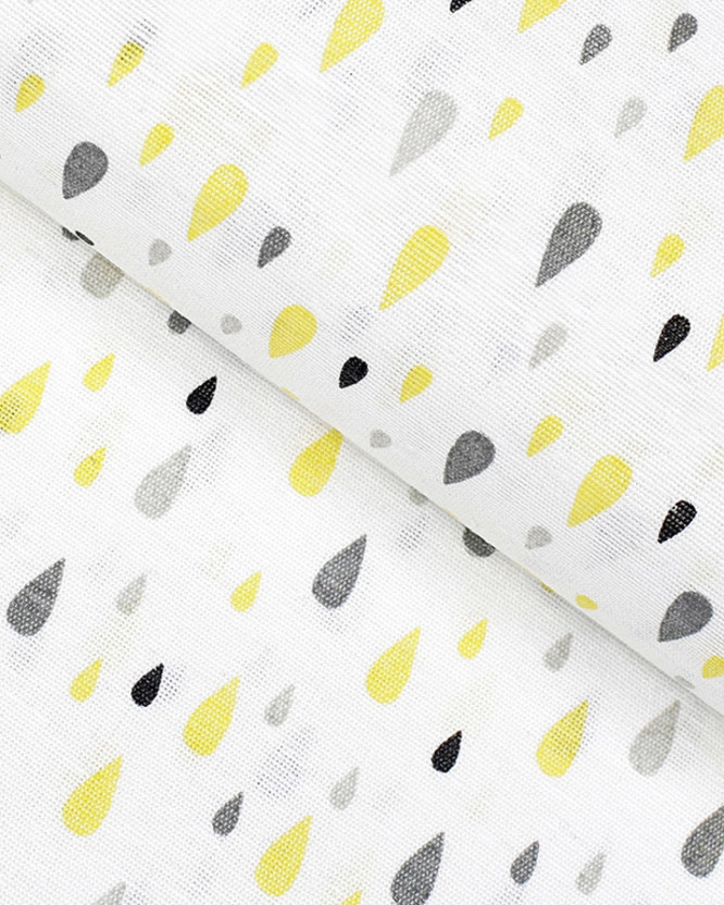 Tkanina dekoracyjna Loneta - szare i żółte krople na białym