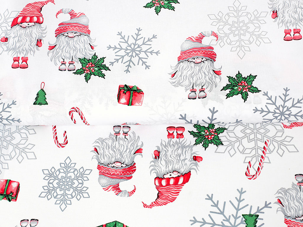 Tkanina bawełniana świąteczna - skrzaty na białym