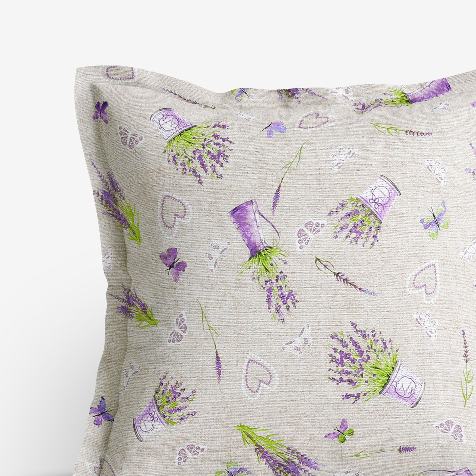 Poszewka na poduszkę z ozdobną kantą dekoracyjna Loneta - kwitnąca lawenda na naturalnym