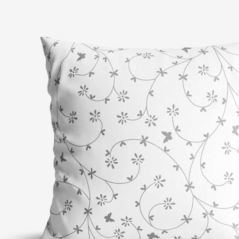 Poszewka na poduszkę bawełniana - szare kwiatki i motylki na białym