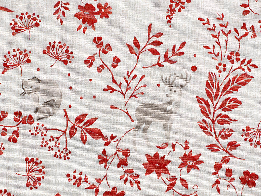 Tkanina dekoracyjna Loneta - czerwone polne kwiaty ze zwierzętami