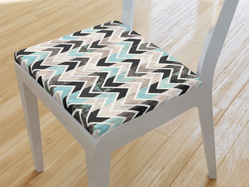 Kwadratowa poduszka na krzesło 38x38 cm Vintage - paski zygzakowate z turkusem