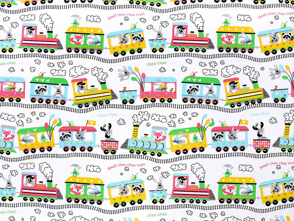 Płótno bawełniane - wesołe pociągi na białym